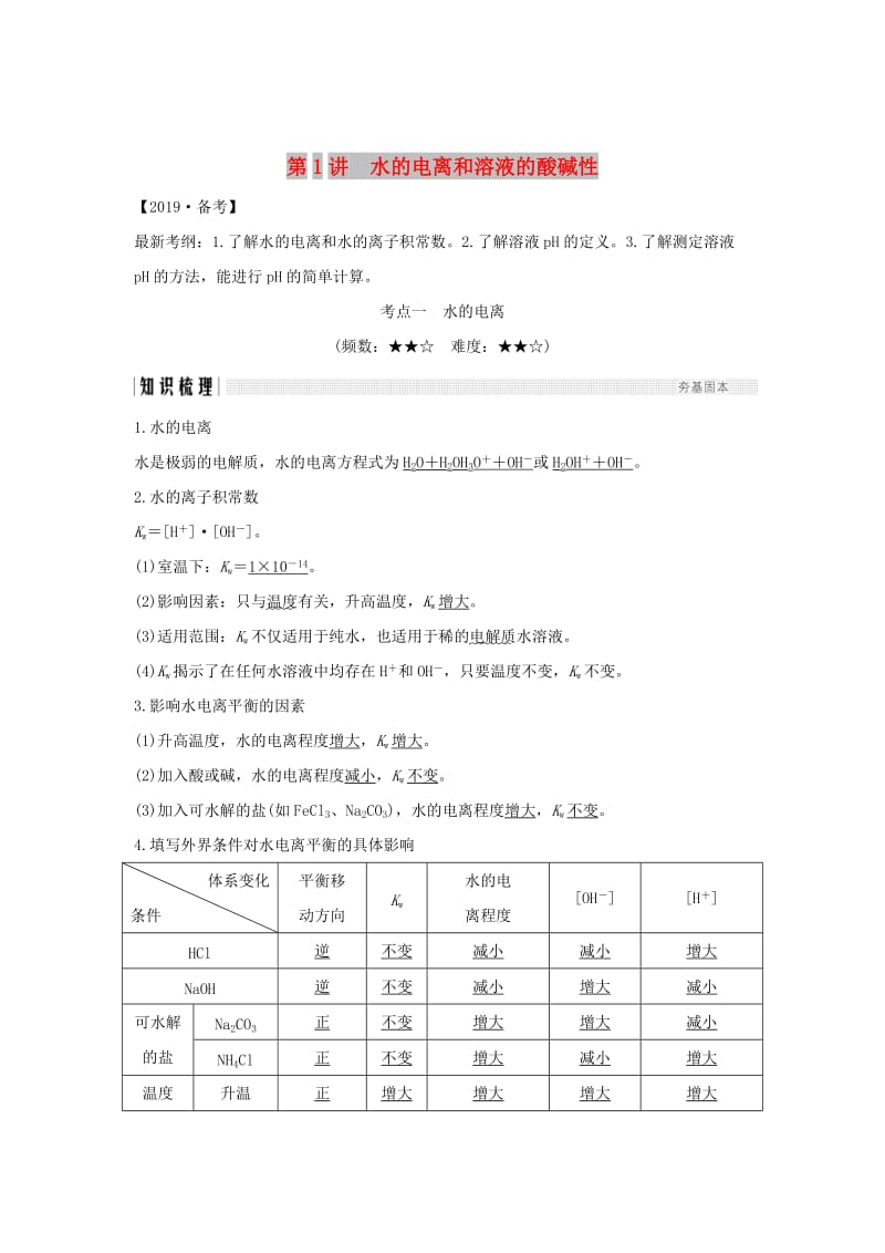 2019版高考化学大一轮复习 第8章 物质在水溶液中的行为 第1讲 水的电离和溶液的酸碱性学案 鲁科版.doc_第1页