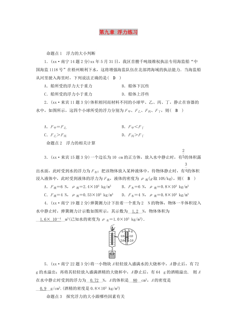 （广西专用）2019中考物理一轮新优化 第九章 浮力练习.doc_第1页