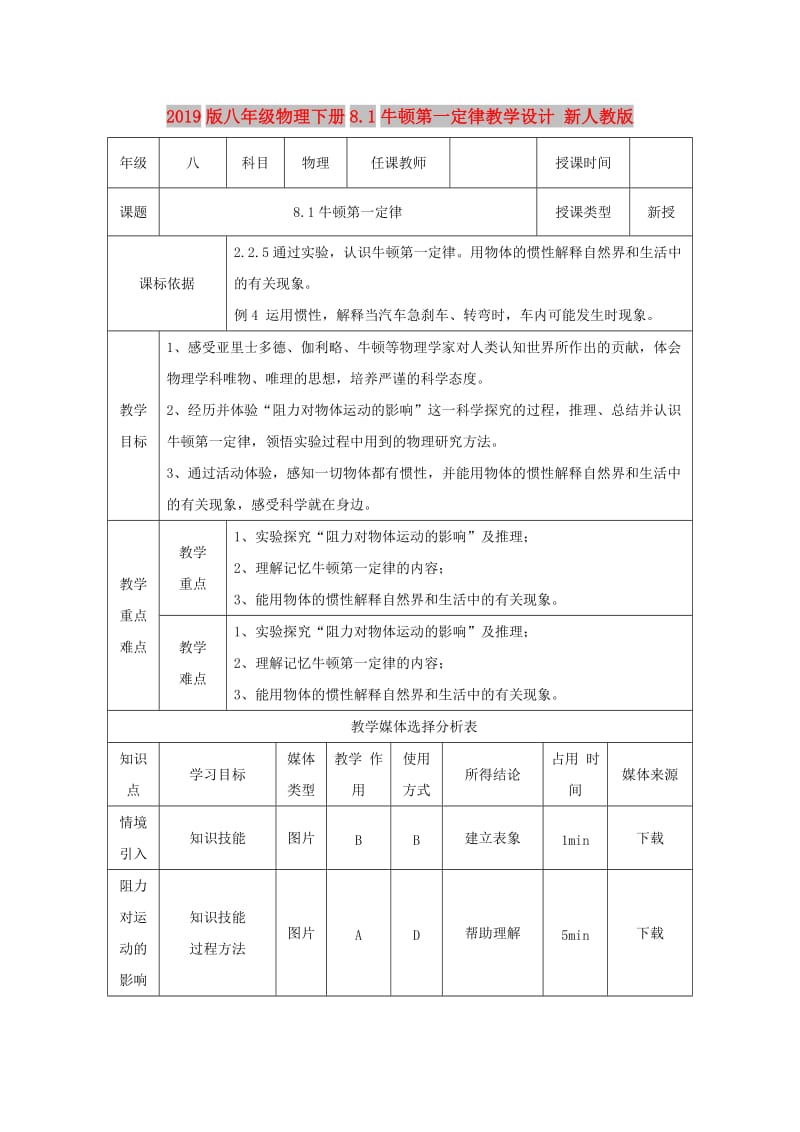 2019版八年级物理下册8.1牛顿第一定律教学设计 新人教版.doc_第1页