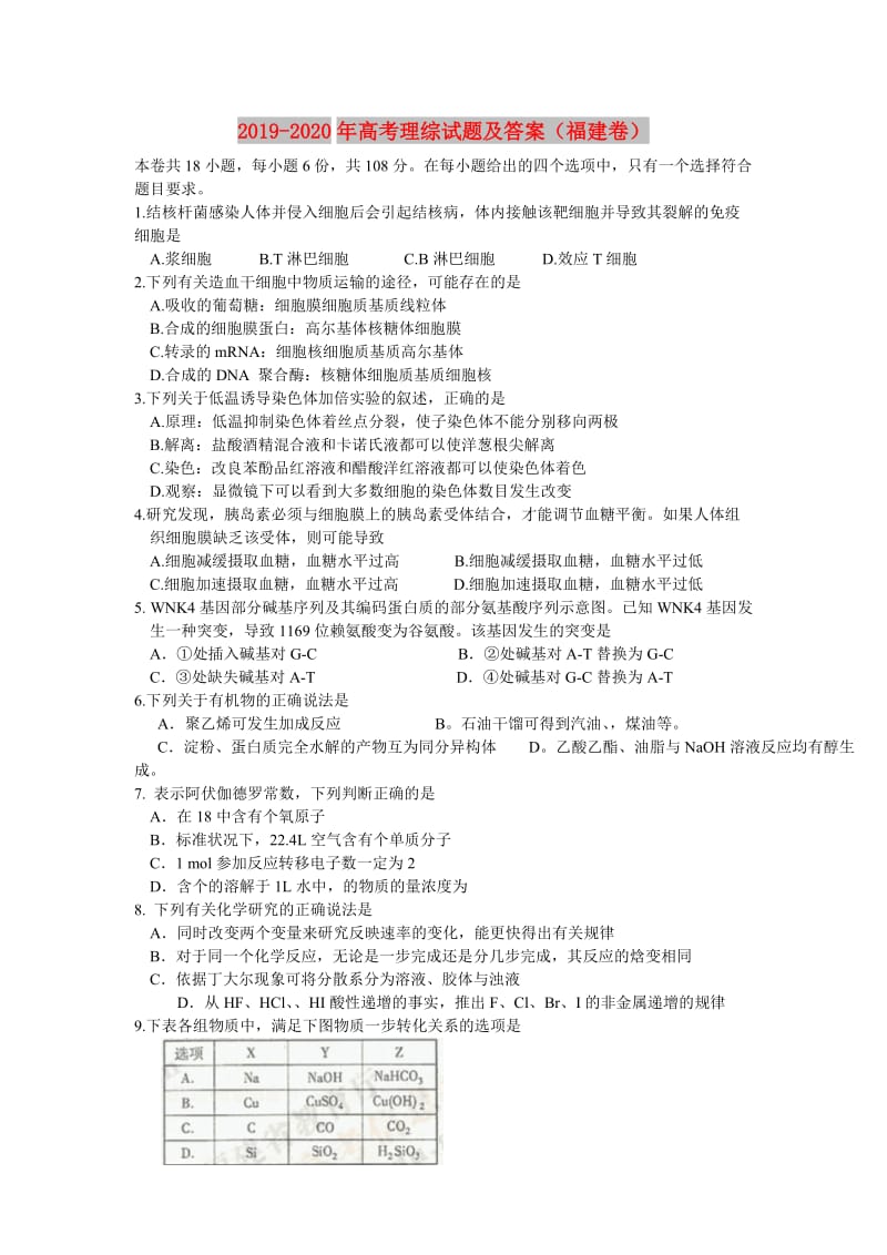 2019-2020年高考理综试题及答案（福建卷）.doc_第1页