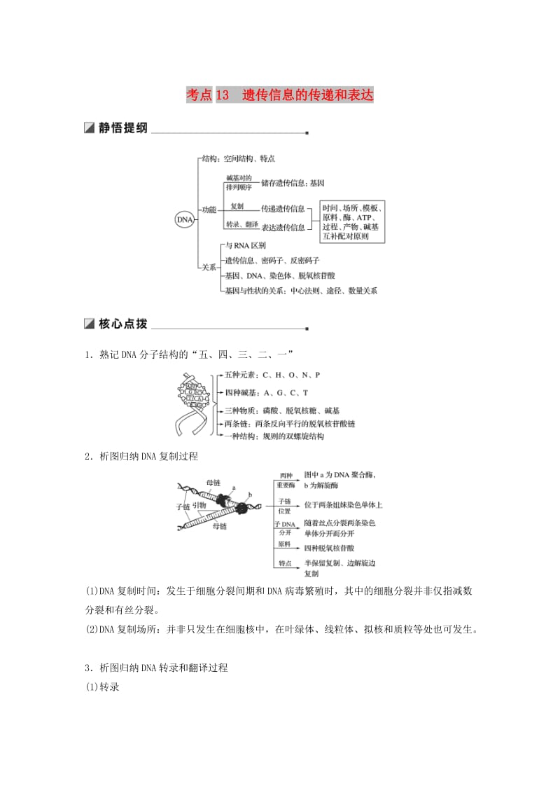 江苏专用2019高考生物二轮复习专题四遗传的分子基础考点13遗传信息的传递和表达学案.doc_第1页