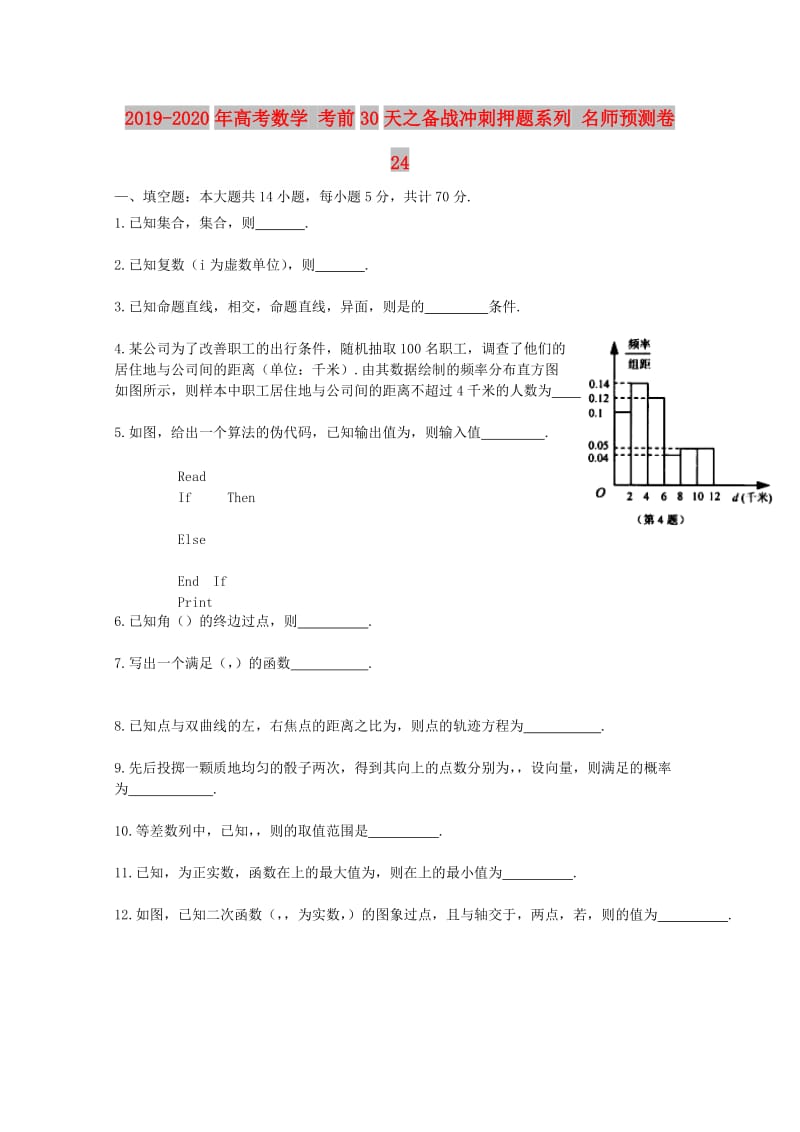 2019-2020年高考数学 考前30天之备战冲刺押题系列 名师预测卷 24.doc_第1页