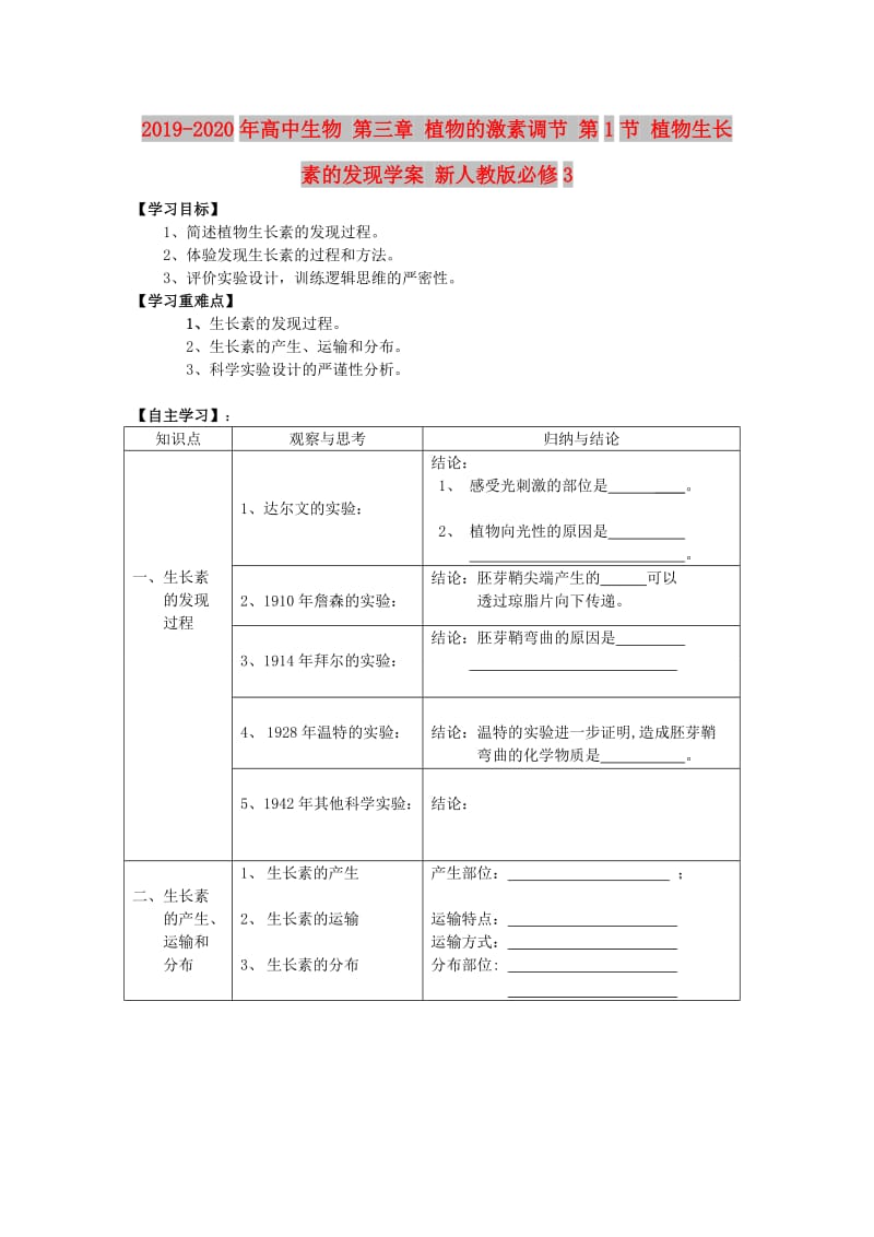 2019-2020年高中生物 第三章 植物的激素调节 第1节 植物生长素的发现学案 新人教版必修3.doc_第1页