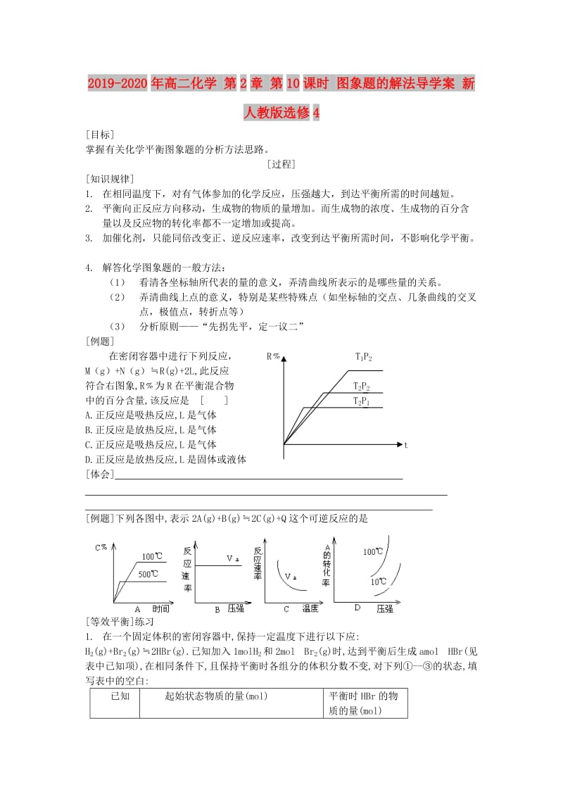 2019-2020年高二化学 第2章 第10课时 图象题的解法导学案 新人教版选修4.doc_第1页