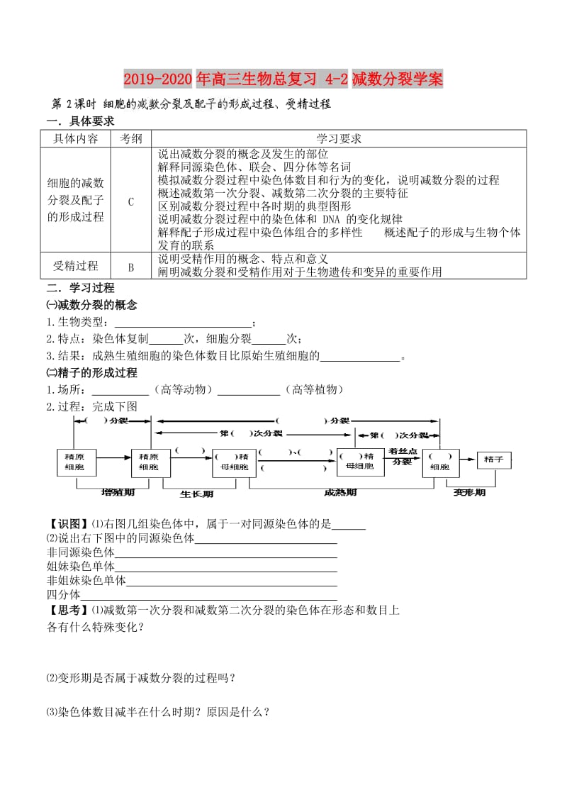 2019-2020年高三生物总复习 4-2减数分裂学案.doc_第1页