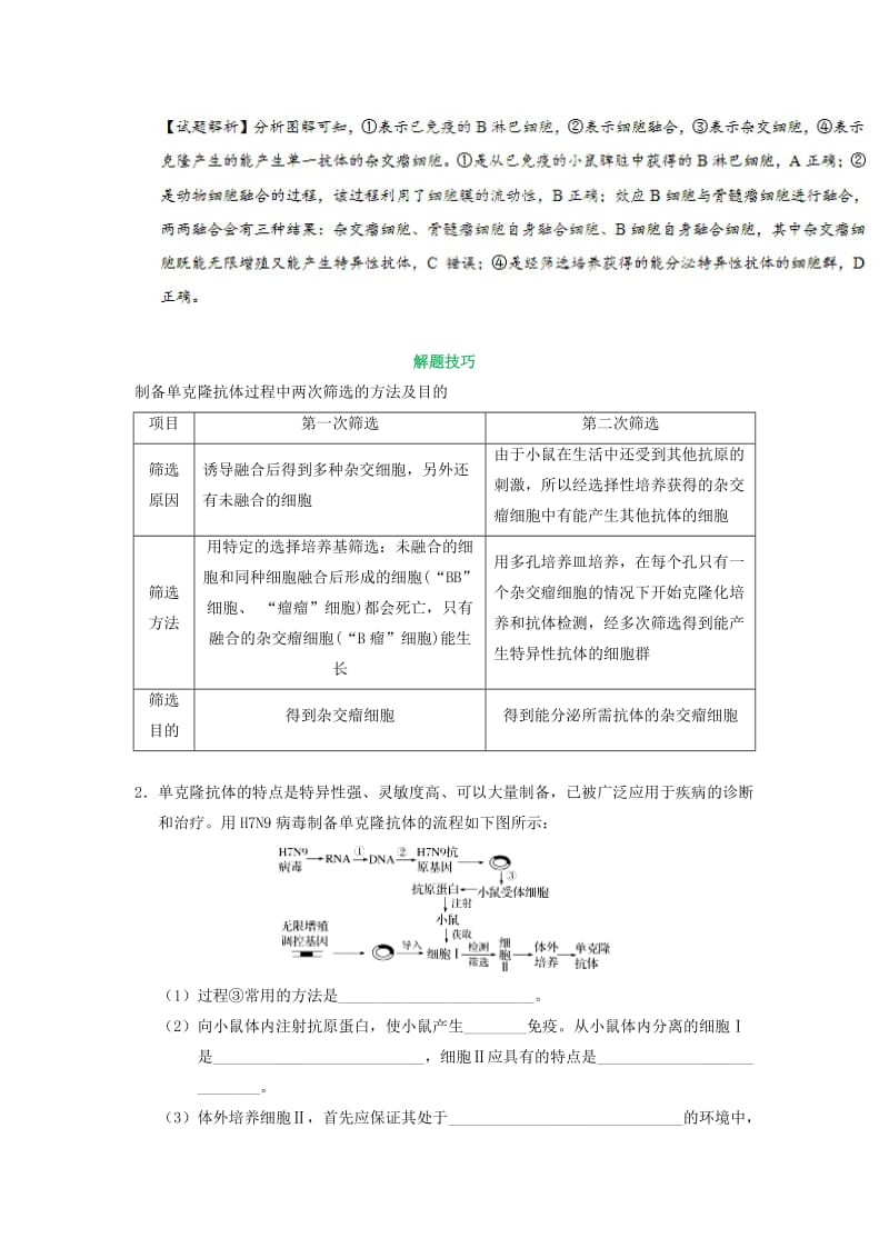 2019年高考生物 考点一遍过 考点84 动物细胞融合与单克隆抗体（含解析）.doc_第2页