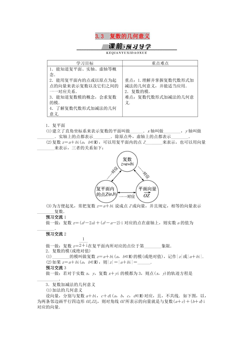 高中数学 第三章 数系的扩充与复数的引入 3.3 复数的几何意义学案 苏教版选修2-2.doc_第1页