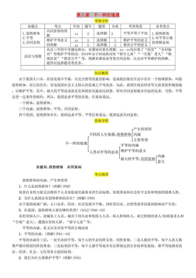 四川省宜宾市2019年中考道德与法治总复习 九上 第3单元 同在阳光下 第8课 不一样的境遇习题 教科版.doc_第1页