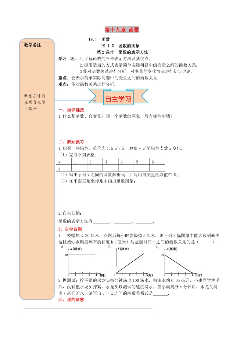 八年级数学下册 第十九章 一次函数 19.1 函数 19.1.2 函数的图象 第2课时 函数的表示法导学案新人教版.doc_第1页