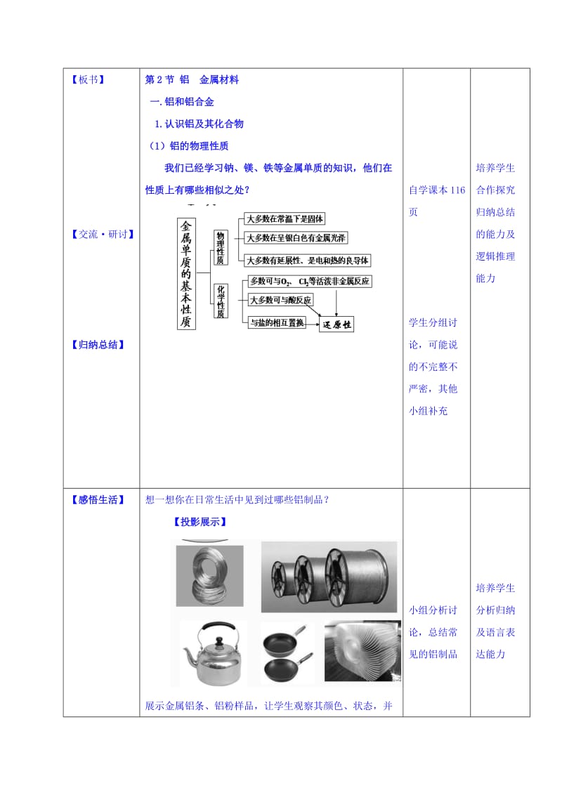 2019-2020年高中化学鲁科版必修一 第四章 第2节 铝、金属材料（第1课时） 教案.doc_第3页