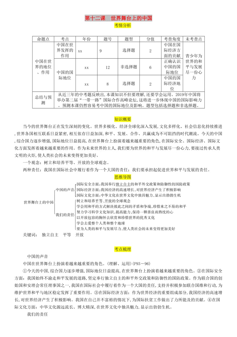 四川省宜宾市2019年中考道德与法治总复习 九下 第4单元 漫步地球村 第12课 世界舞台上的中国习题 教科版.doc_第1页