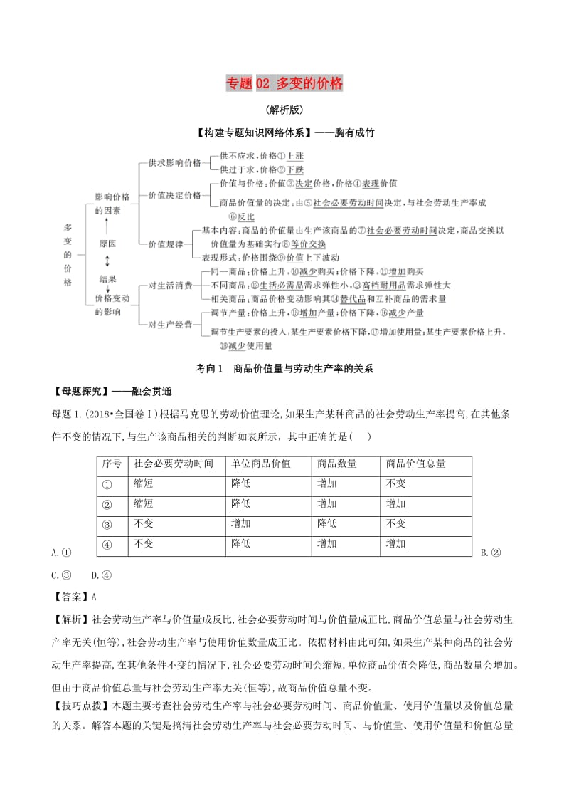 2019年高考政治 母题探究及变式训练 专题02 多变的价格（含解析）.doc_第1页