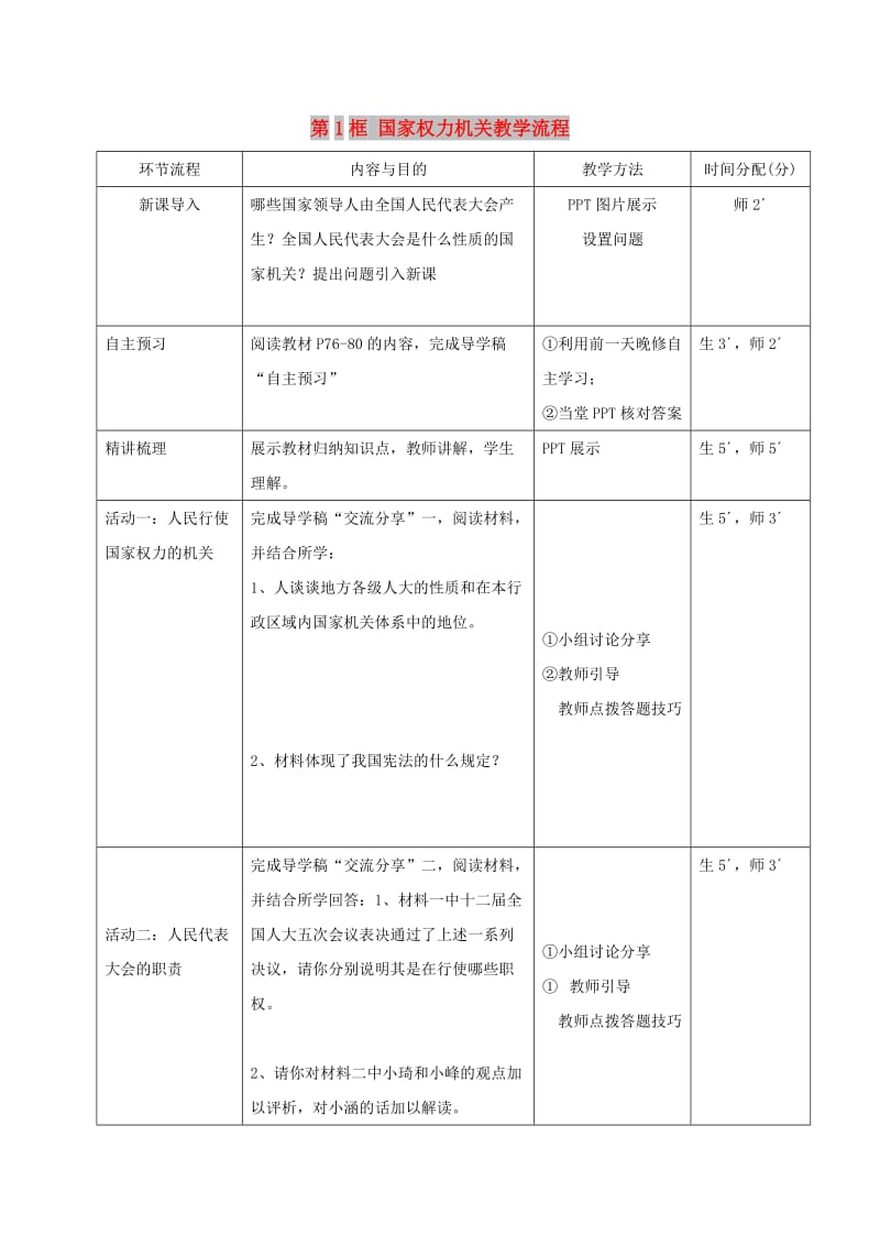 八年级道德与法治下册 第三单元 人民当家作主 第六课 我国国家机构 第1框 国家权力机关教学流程 新人教版.doc_第1页