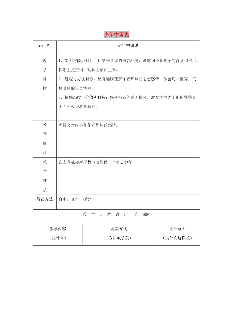 七年级语文下册 第二单元 5《少年中国说》教案1 冀教版.doc_第1页