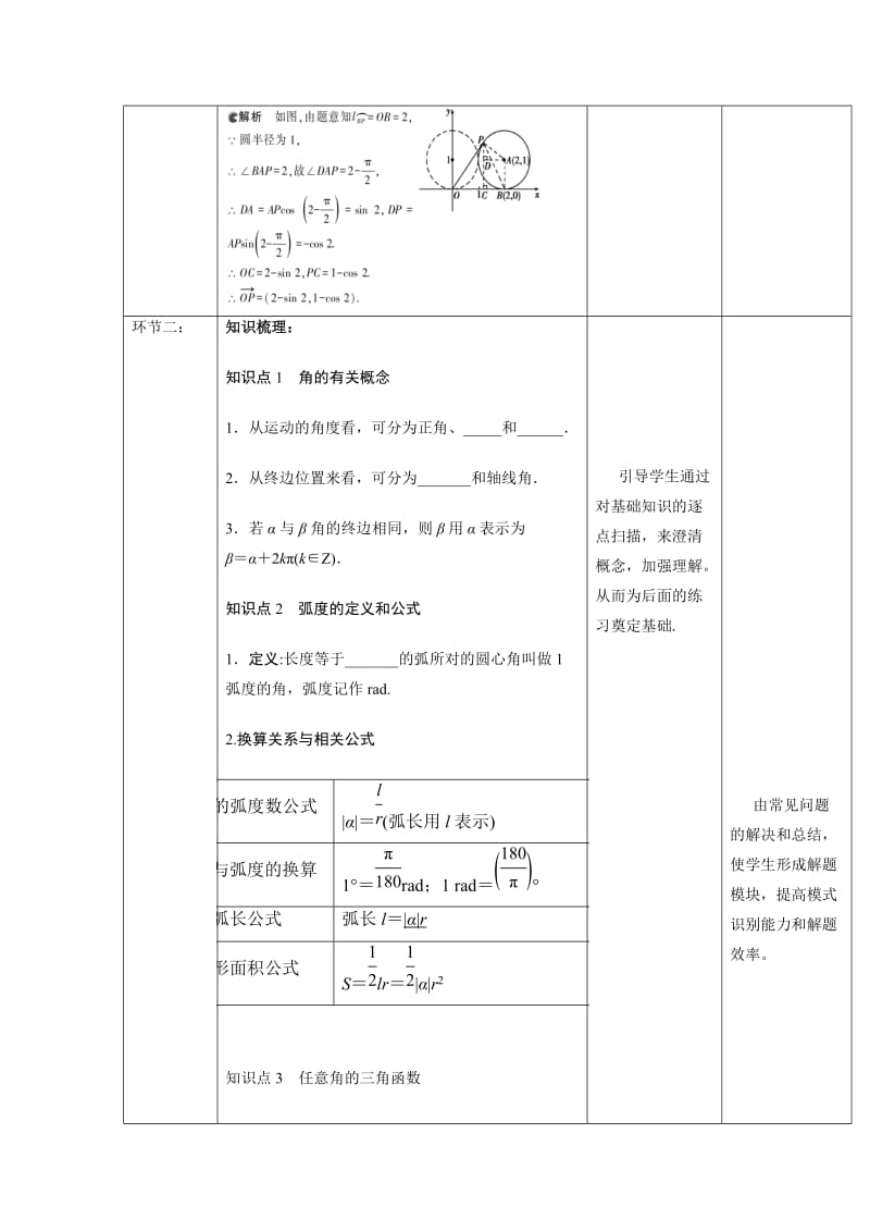 2019-2020年人教A版高中数学 高三一轮 三角函数与解三角形 3-1任意角、弧度制与任意角的三角函数《教案》.doc_第3页