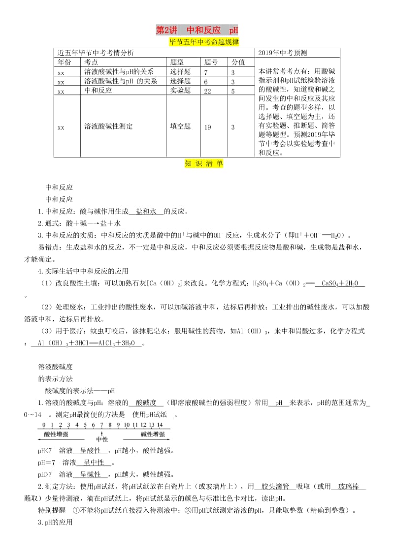 （毕节地区）2019年中考化学总复习 第1编 教材知识梳理篇 第10单元 酸和碱 第2讲 中和反应 pH（精讲）练习.doc_第1页