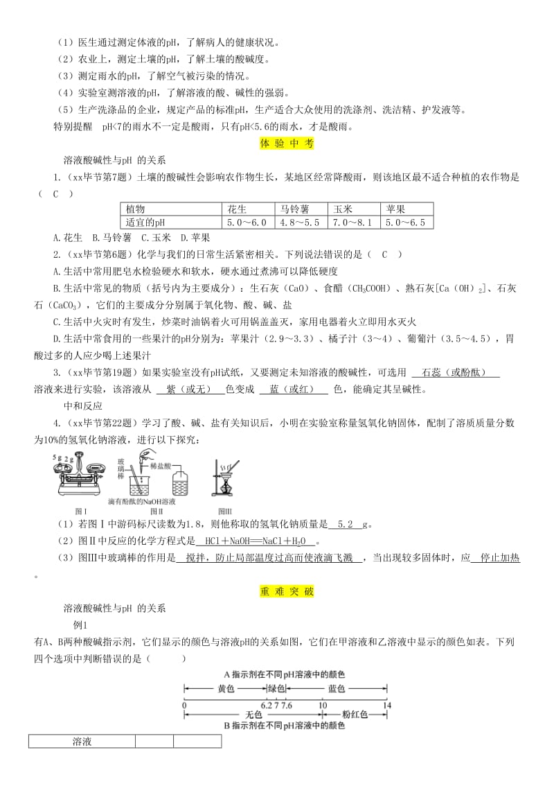 （毕节地区）2019年中考化学总复习 第1编 教材知识梳理篇 第10单元 酸和碱 第2讲 中和反应 pH（精讲）练习.doc_第2页