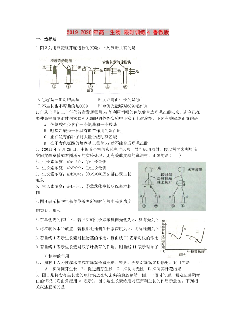 2019-2020年高一生物 限时训练4 鲁教版.doc_第1页