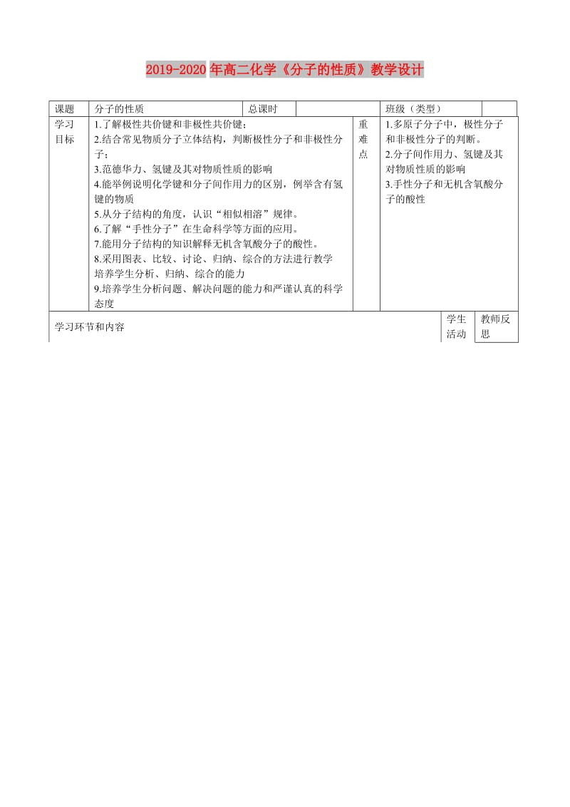 2019-2020年高二化学《分子的性质》教学设计.doc_第1页