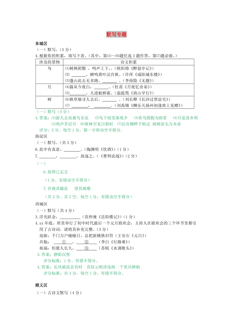 北京市15区2019届九年级语文上学期期末试卷分类汇编 默写专题 新人教版.doc_第1页