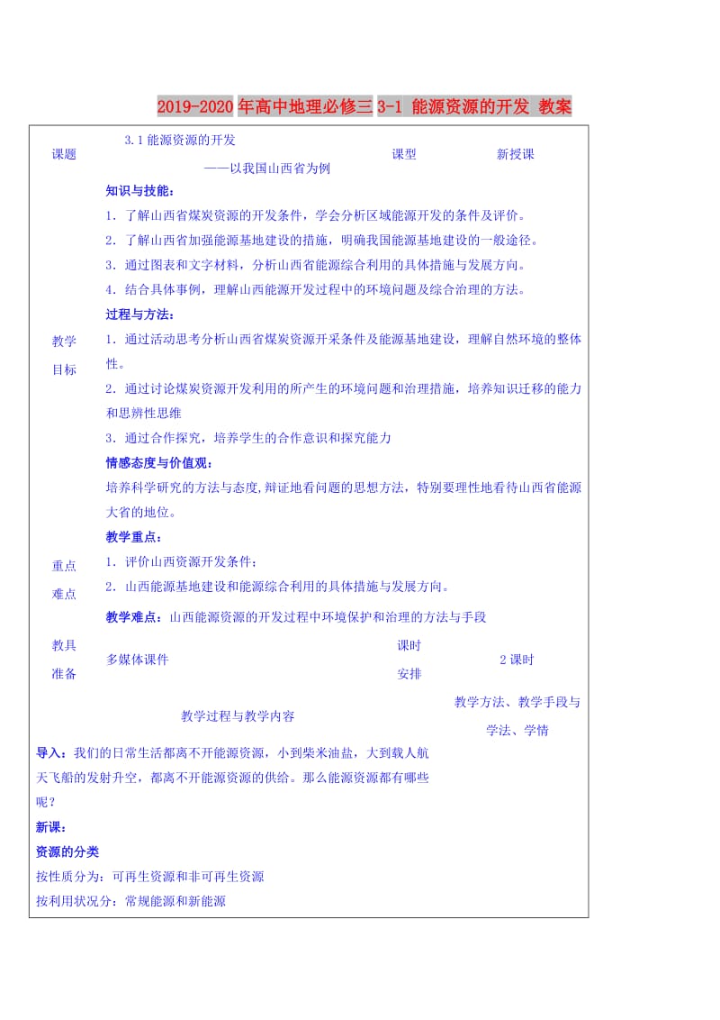 2019-2020年高中地理必修三3-1 能源资源的开发 教案.doc_第1页