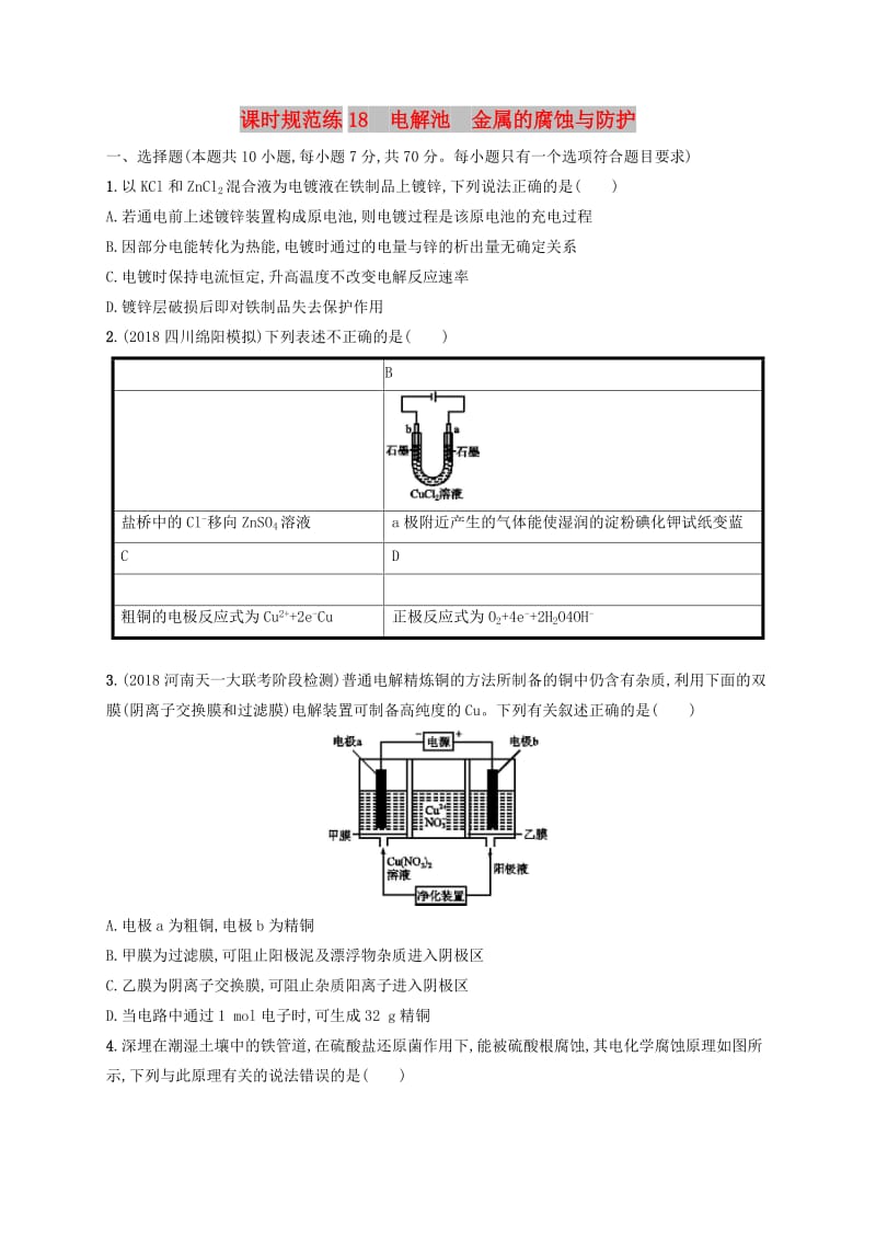 2020版高考化学复习 课时规范练18 电解池 金属的腐蚀与防护 苏教版.doc_第1页