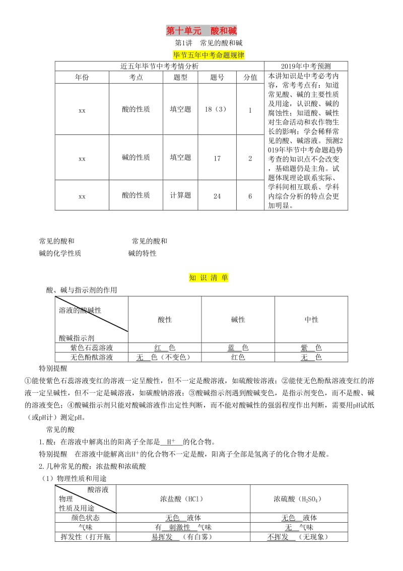 （毕节地区）2019年中考化学总复习 第1编 教材知识梳理篇 第10单元 酸和碱 第1讲 常见的酸和碱（精讲）练习.doc_第1页