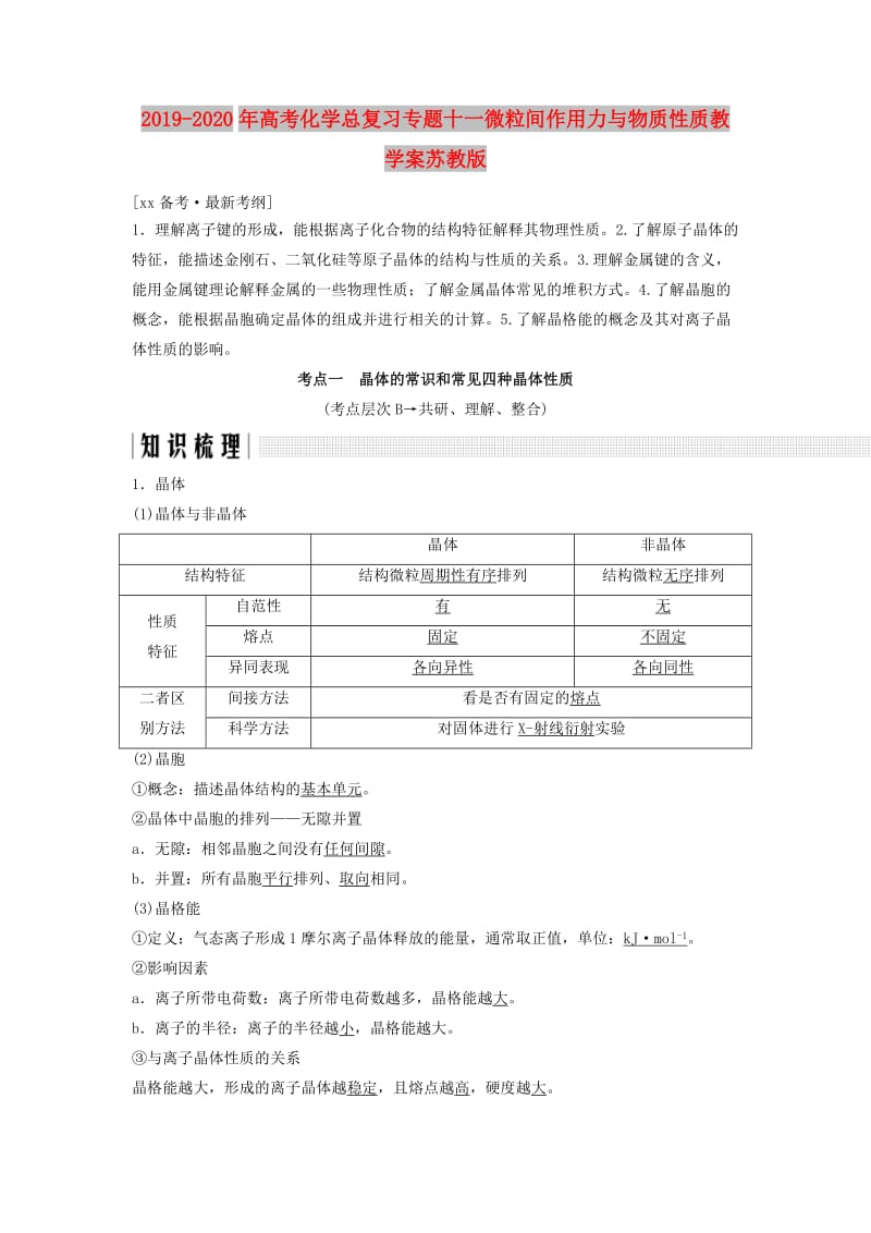 2019-2020年高考化学总复习专题十一微粒间作用力与物质性质教学案苏教版.doc_第1页