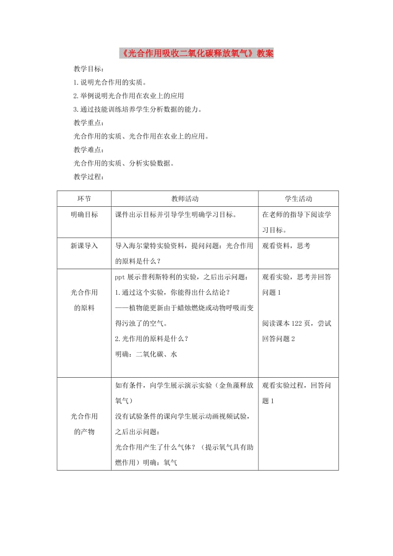 七年级生物上册 3.5.1《光合作用吸收二氧化碳释放氧气》教案 （新版）新人教版.doc_第1页