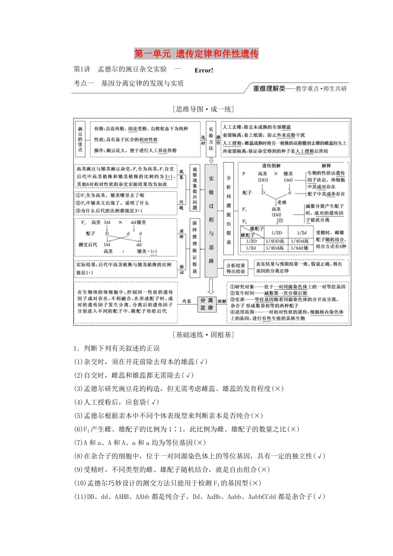 （全国通用版）2019版高考生物一轮复习 第2部分 遗传与进化 第一单元 遗传定律和伴性遗传精准备课学案.doc_第1页