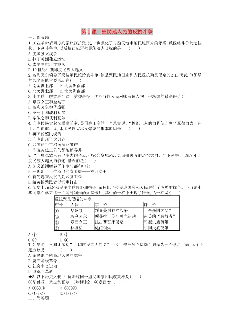 九年级历史下册 第一单元 殖民地人民的反抗与资本主义制度的扩展 第1课 殖民地人民的反抗斗争练习 新人教版.doc_第1页