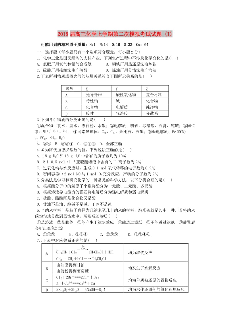 2018届高三化学上学期第二次模拟考试试题 (I).doc_第1页