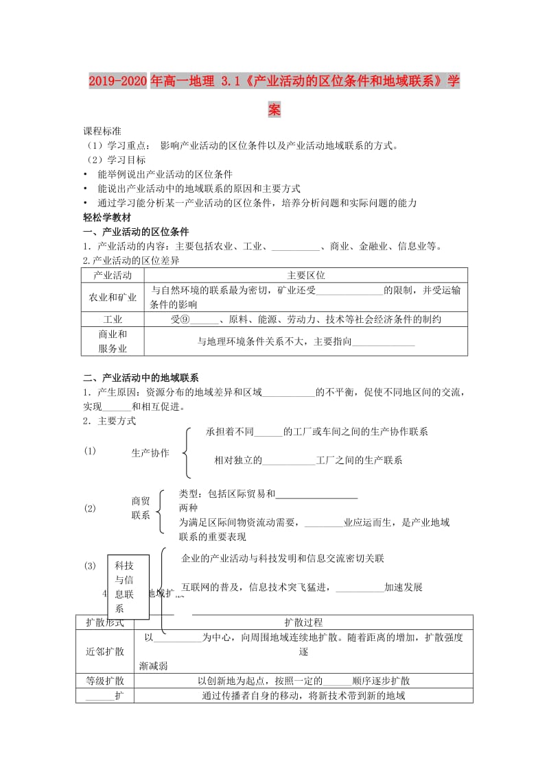 2019-2020年高一地理 3.1《产业活动的区位条件和地域联系》学案.doc_第1页