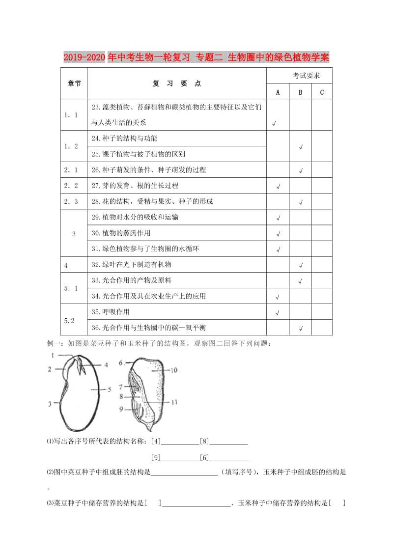 2019-2020年中考生物一轮复习 专题二 生物圈中的绿色植物学案.doc_第1页