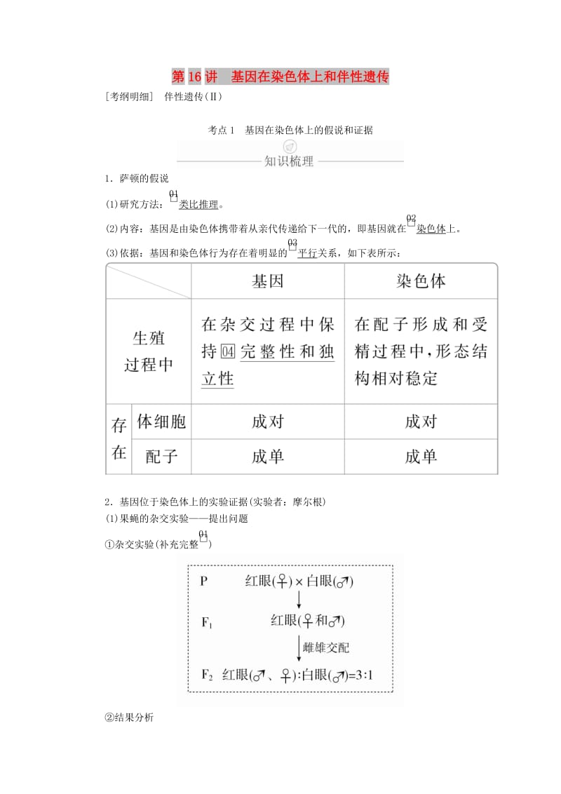 2020年高考生物一轮复习 第5单元 遗传的基本规律与伴性遗传 第16讲 基因在染色体上和伴性遗传学案（含解析）（必修2）.doc_第1页