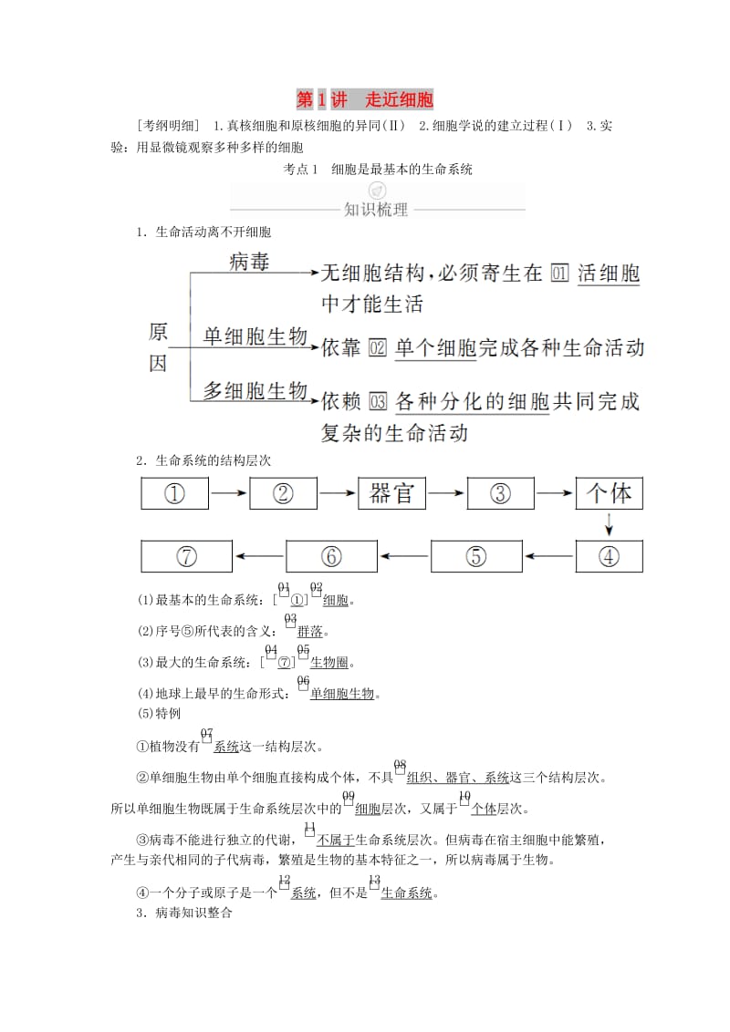 2020年高考生物一轮复习 第1单元 走近细胞及细胞有分子组成 第1讲 走近细胞学案（含解析）（必修1）.doc_第1页