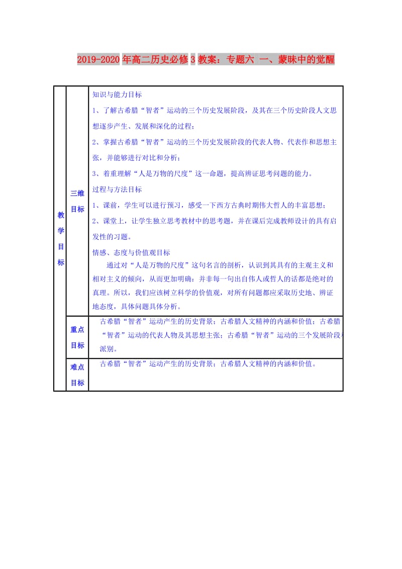 2019-2020年高二历史必修3教案：专题六 一、蒙昧中的觉醒.doc_第1页