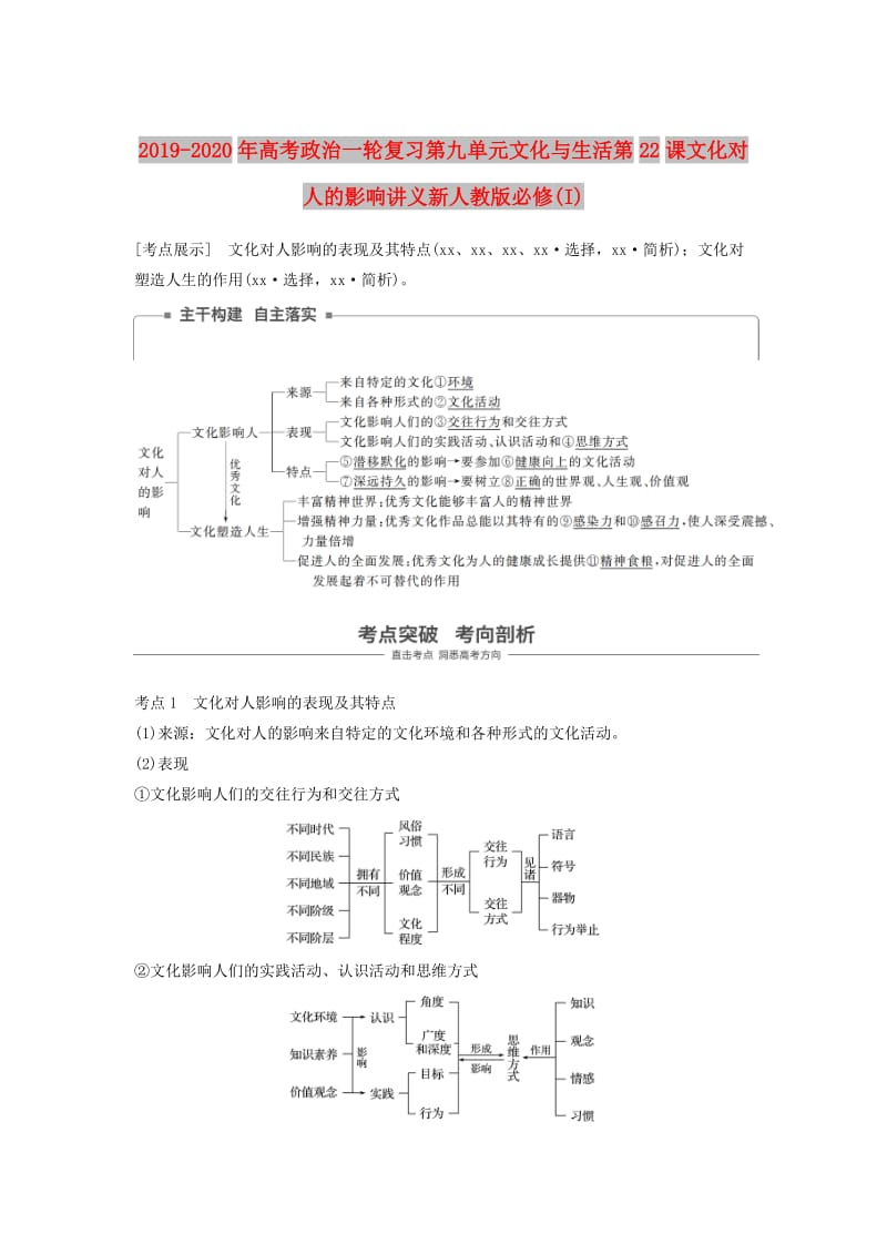 2019-2020年高考政治一轮复习第九单元文化与生活第22课文化对人的影响讲义新人教版必修(I).doc_第1页