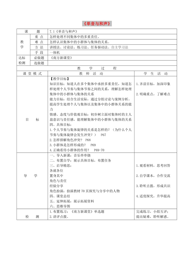 七年级道德与法治下册 第三单元 在集体中成长 第七课 共奏和谐乐章 第2框 节奏与旋律教案 新人教2.doc_第1页