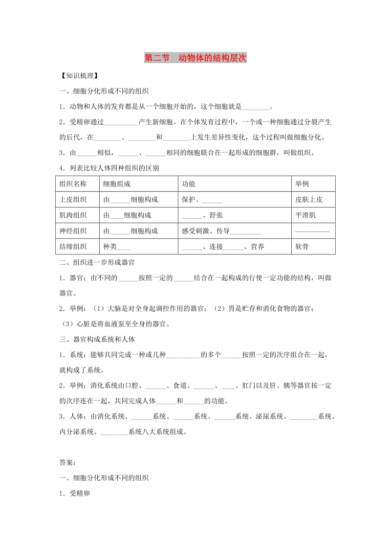 七年级生物上册 2.2.2《动物体的结构层次》练习 （新版）新人教版.doc_第1页