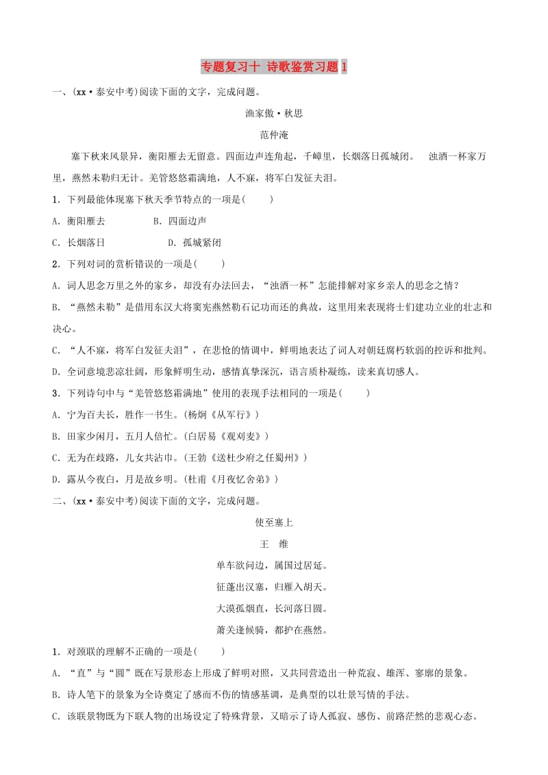 山东省泰安市2019年中考语文 专题复习十 诗歌鉴赏习题1.doc_第1页