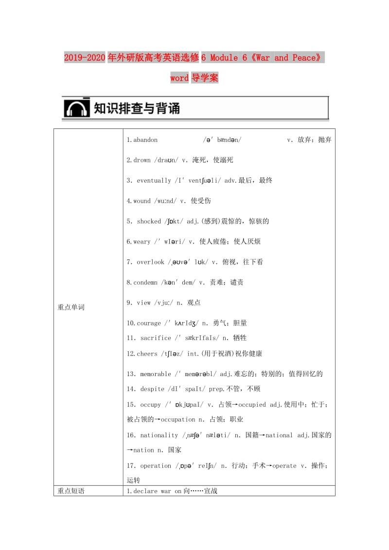 2019-2020年外研版高考英语选修6 Module 6《War and Peace》word导学案.doc_第1页