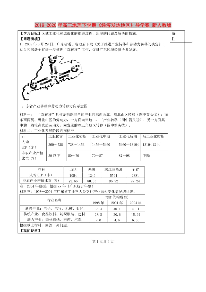 2019-2020年高三地理下学期《经济发达地区》导学案 新人教版.doc_第1页