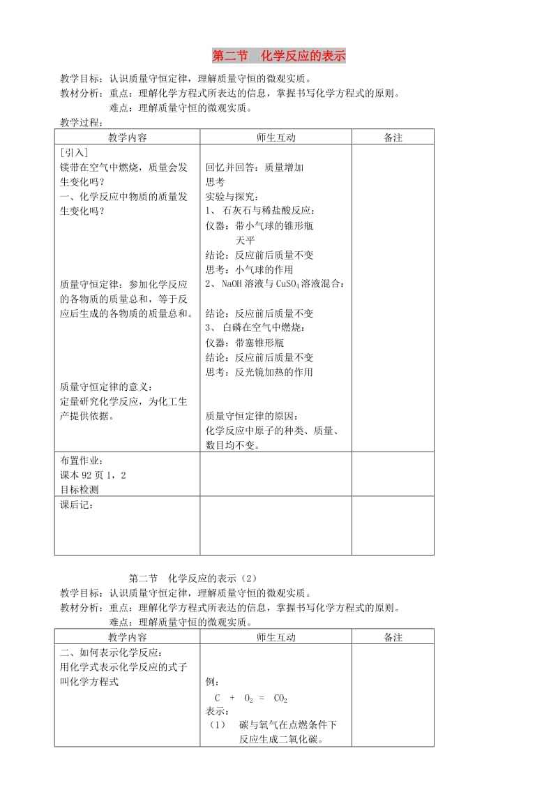 九年级化学全册 第四单元 4.2 化学反应的表示教案3 鲁教版.doc_第1页