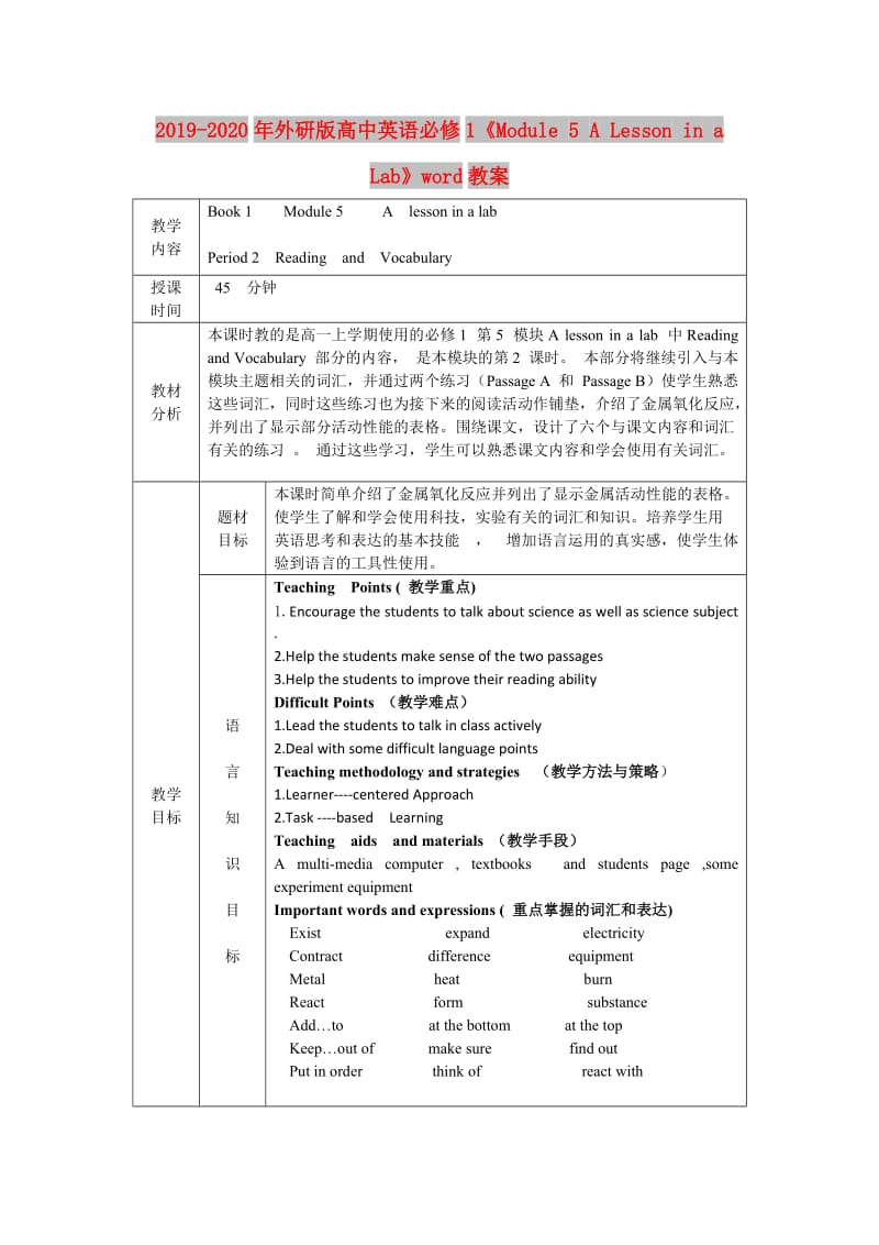 2019-2020年外研版高中英语必修1《Module 5 A Lesson in a Lab》word教案.doc_第1页