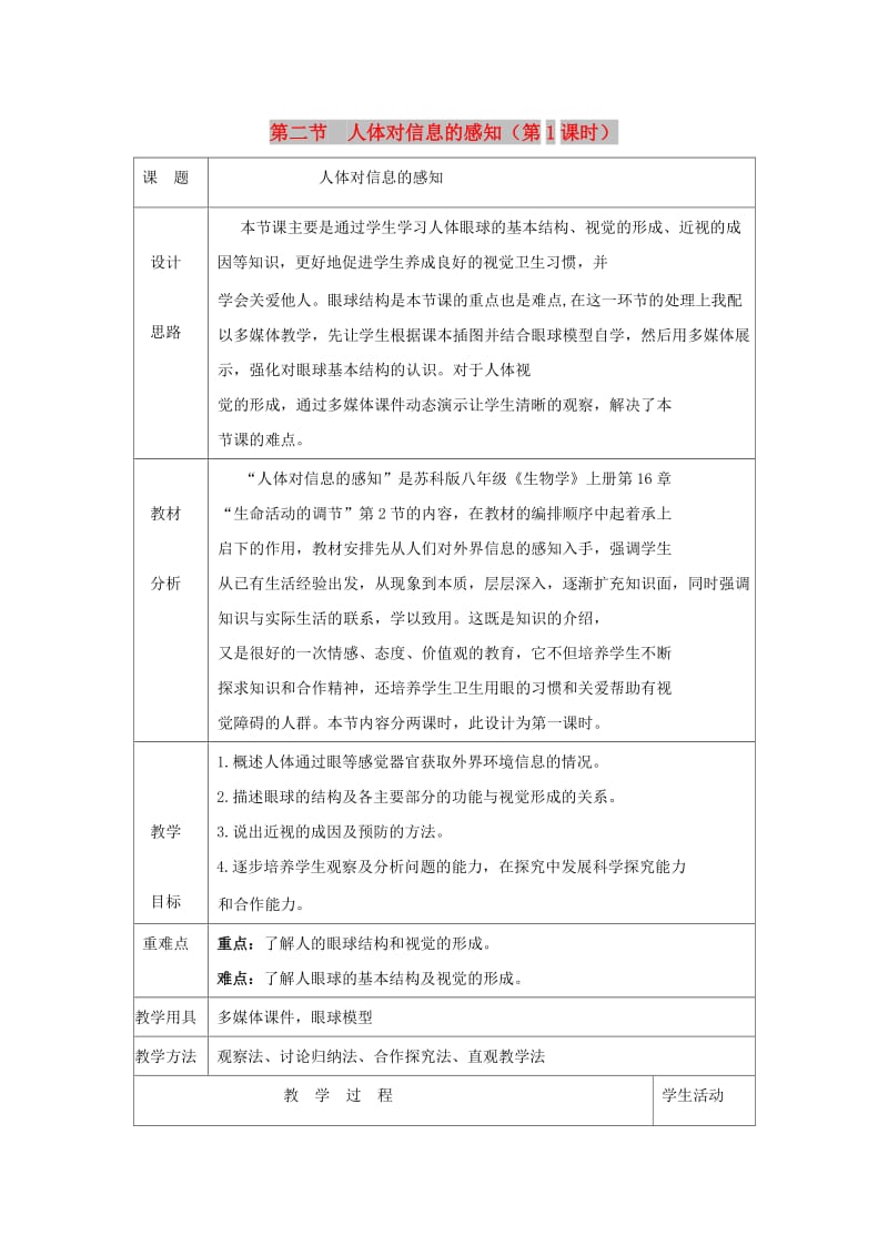 八年级生物上册 6.16.2《人体对信息的感知》第1课时教案 （新版）苏科版.doc_第1页