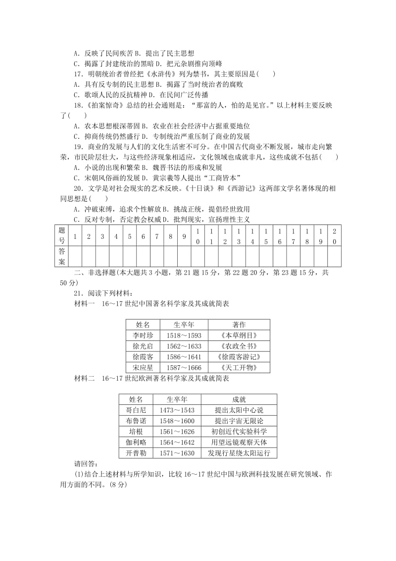 2019-2020年高中历史专题二古代中国的科学技术与文化单元检测人民版必修3.doc_第3页