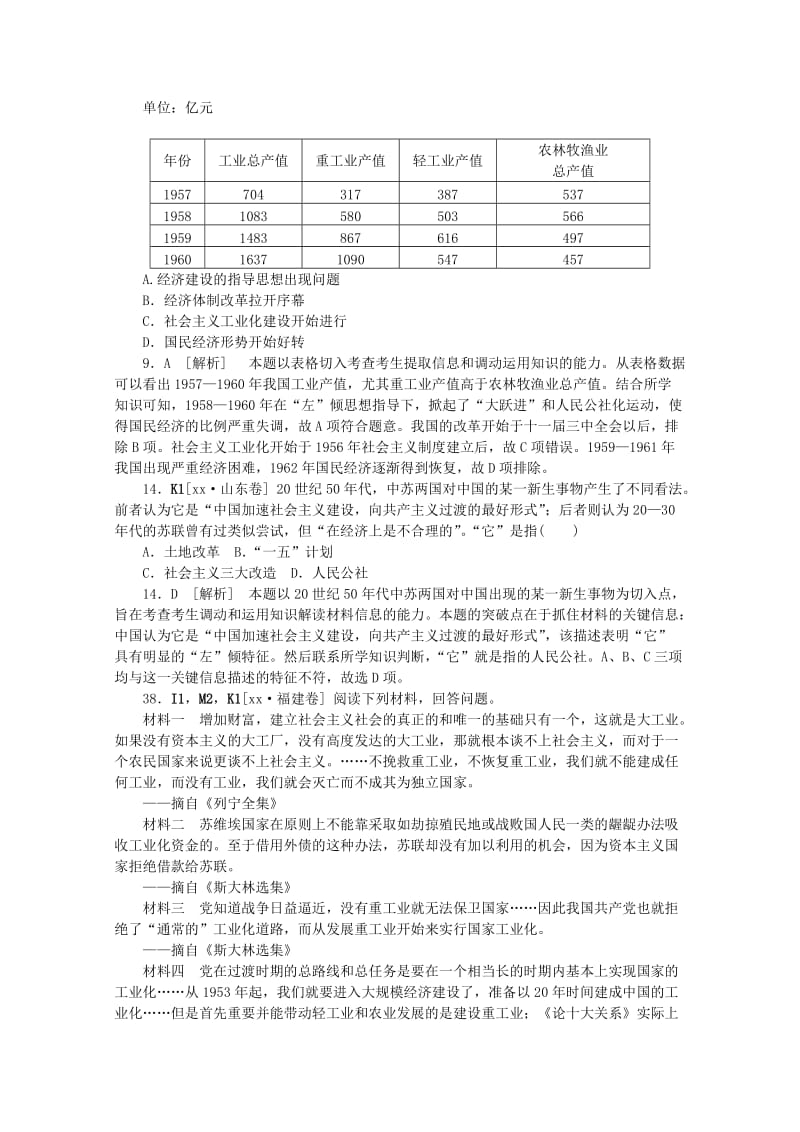 2019-2020年高考历史 （真题+模拟新题分类汇编） 中国特色社会主义建设的道路.DOC_第2页