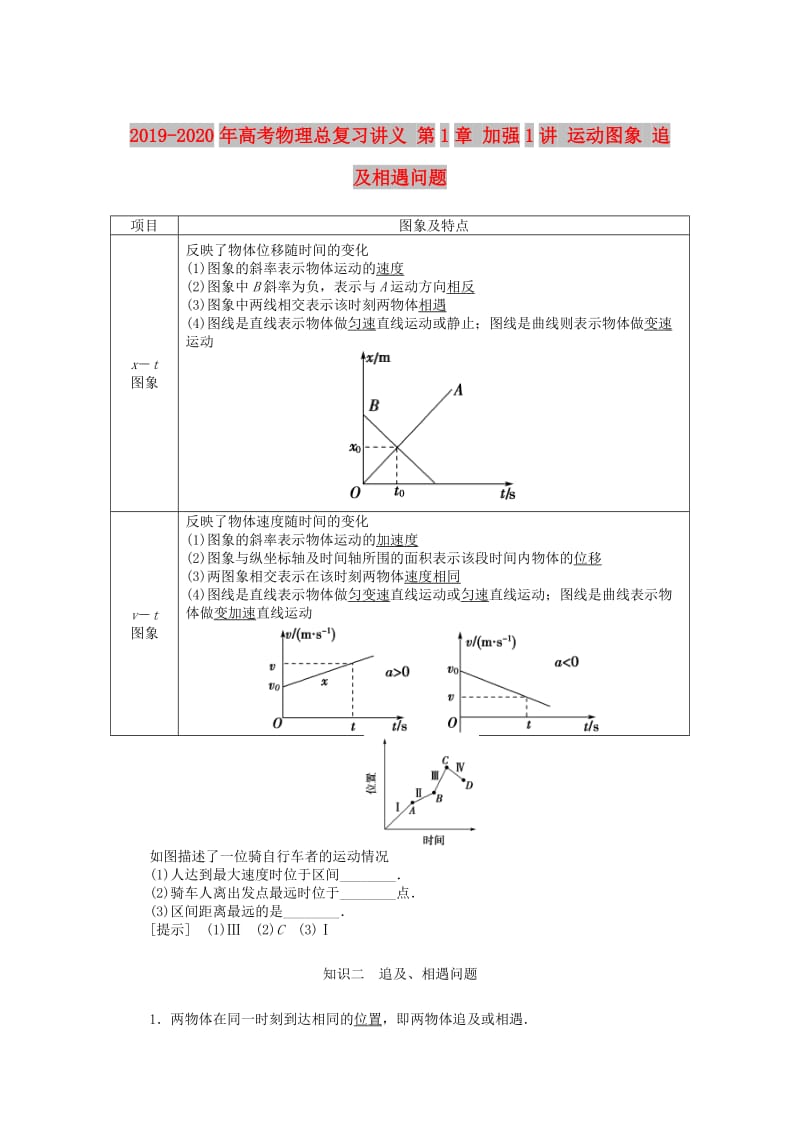 2019-2020年高考物理总复习讲义 第1章 加强1讲 运动图象 追及相遇问题.doc_第1页