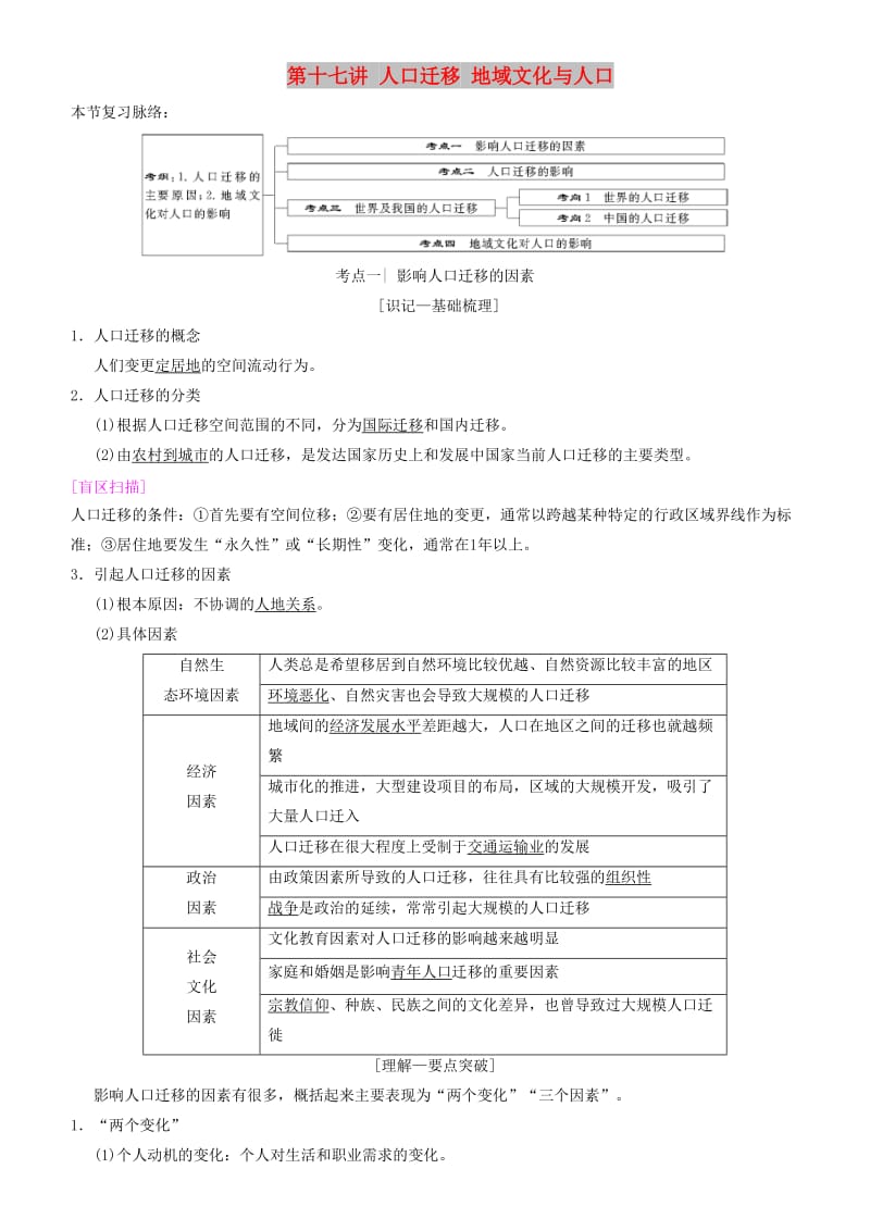 2019高考地理一轮复习 第十七讲 人口迁移 地域文化与人口讲练结合学案.doc_第1页